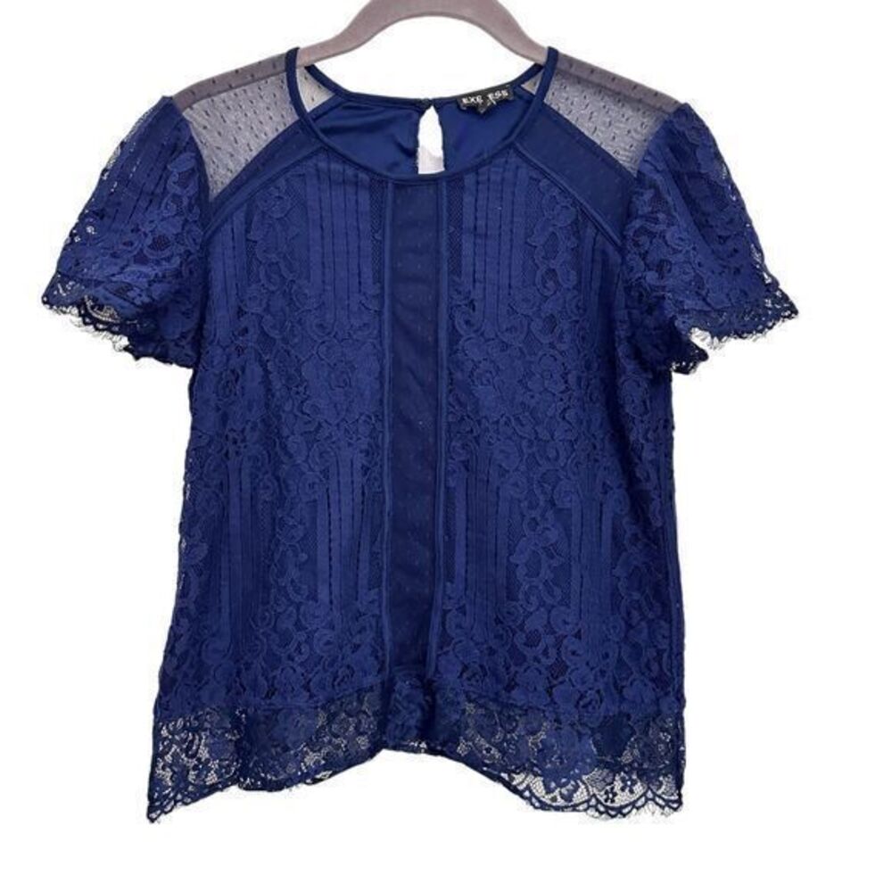 Express Navy Blue Short Sleeve Lace Sheer Button Back Shirt Blouse – Size S